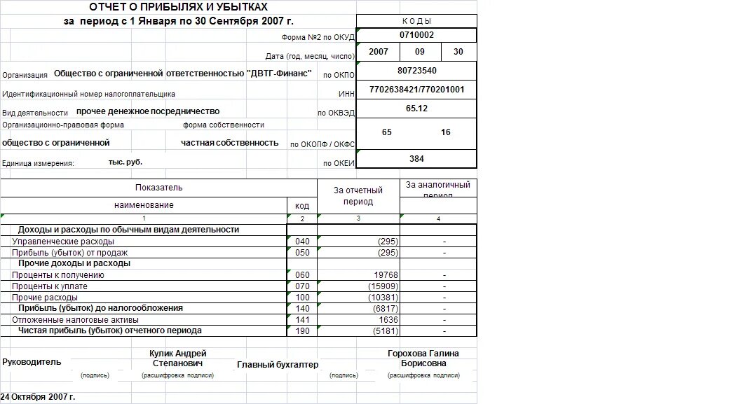 Отчетность деятельности ооо