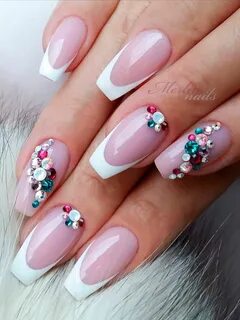 White french tip acrylic nails with rhinestones