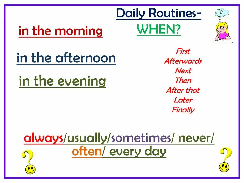 Daily Routine презентация 3 класс. Выражения in the morning. First next then after that. At the morning или in the. Afternoon предложения