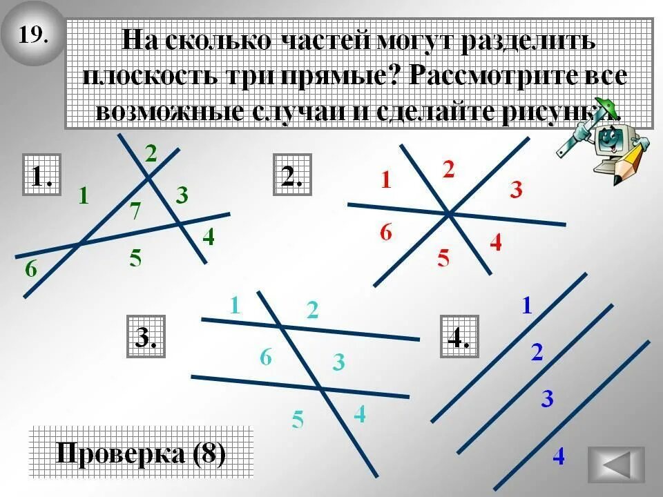 3 Прямые делят плоскость на. 3 Прямые делят плоскость на части. Пересекающиеся прямые в плоскости. На сколько частей три прямых могут разделить плоскость.