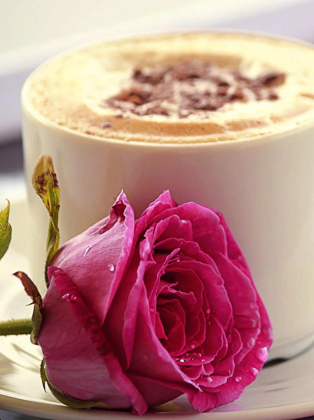Доброе утречко девочки. Кофе с цветами. Капучино с цветами. С добрым утром. Открытки с добрым утром с розами.