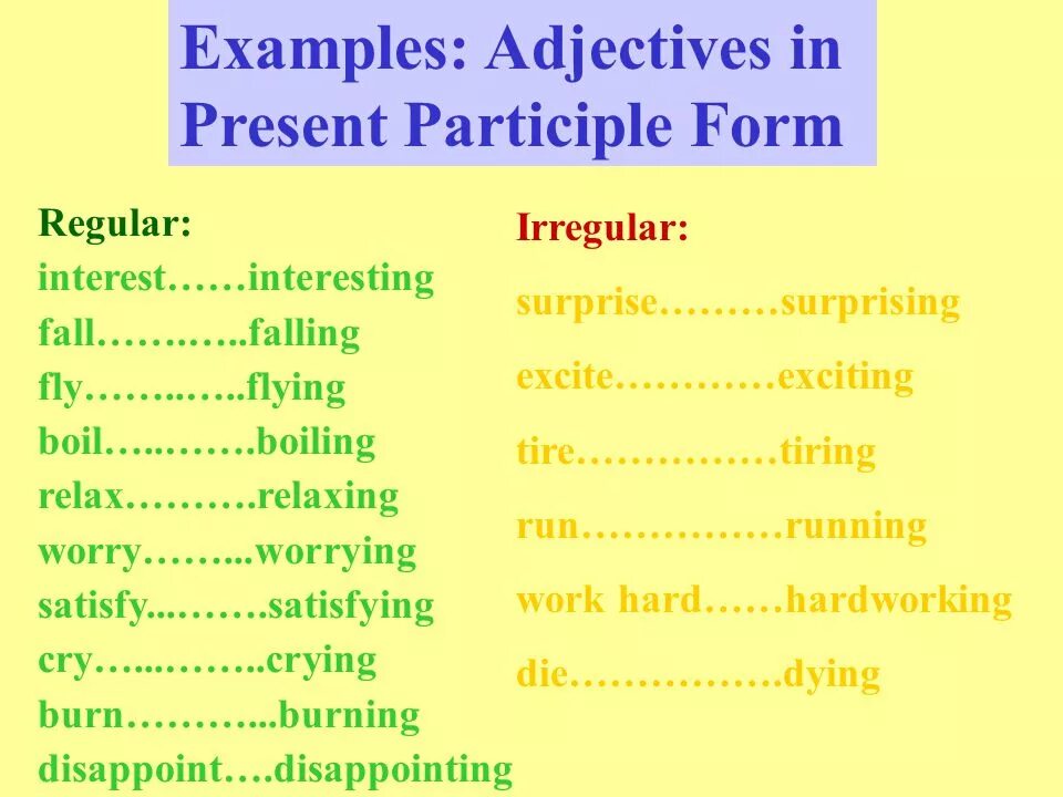 Present participle. Participle упражнения. Present past participle в английском языке упражнения. Present and past participles упражнения. Adjective примеры