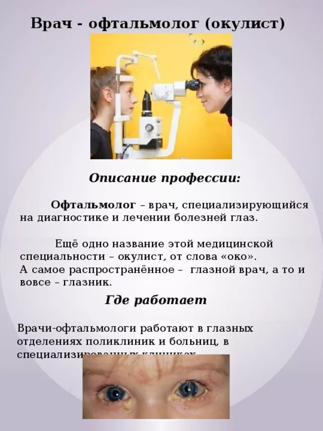 Какую работу выполняет врач 4 класс. Описание врача офтальмолога. Профессия врач окулист. Профессия окулист описание. Профессии глазного специалиста.