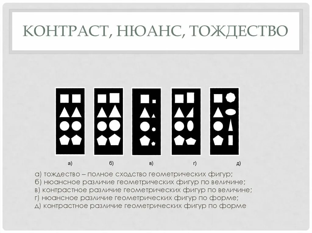 Нюанс цены. Контраст нюанс тождество в композиции. Контрастность форм в композиции. Тождество в композиции примеры. Нюанс формы в композиции.