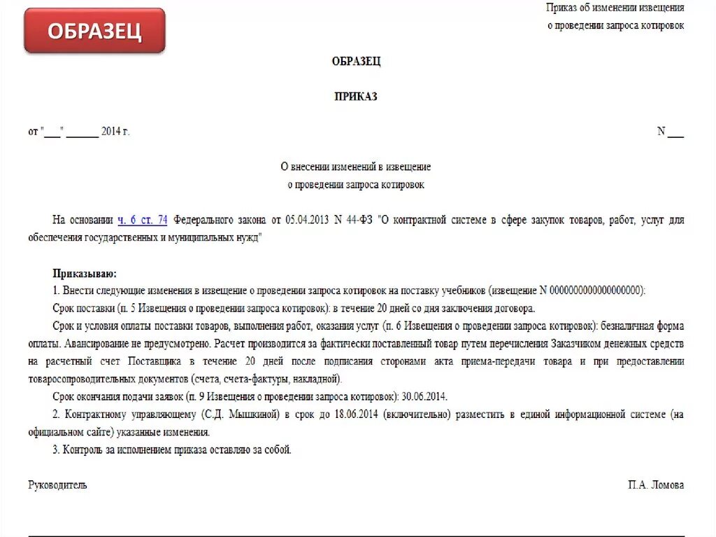 Внесение изменений в закон 44 фз. Приказ о внесении изменений в документацию о закупке по 223-ФЗ. Приказ образец. Распоряжение на приобретение. Приказ о проведении тендера по 44 закону образец.