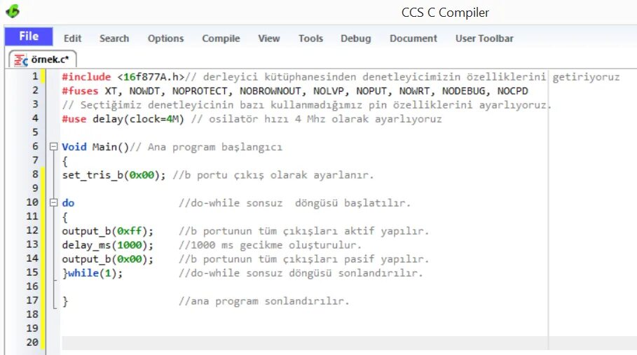 Compile options. Include c. #Fuses XT,NOWDT, NOPROTECT, NOBROWNOUT,,NOLVP, noput, NOWRT, nodebug, NOCPD komutunun anlami Nedir?.