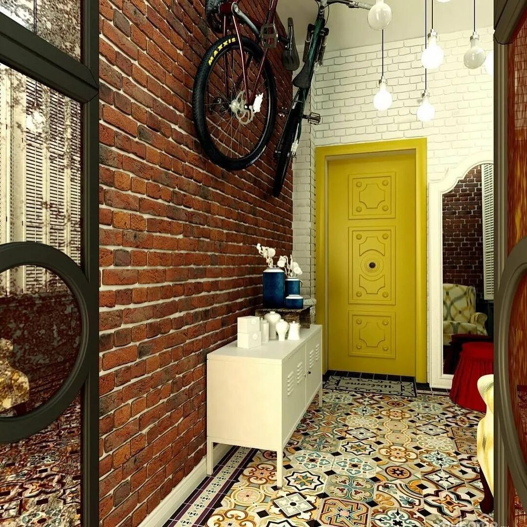Прихожая в стиле под кирпич. Кирпичная стена в интерьере прихожей. Кирпичная стена в коридоре. Кирпичная стена в прихожей. Красивая кирпичная стена в прихожей.