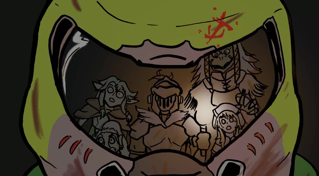 Dc x slayer. Аниме doom убийца гоблинов. goblin slayer doom кроссовер. doom slayer art jojo. doomguy джоджо.