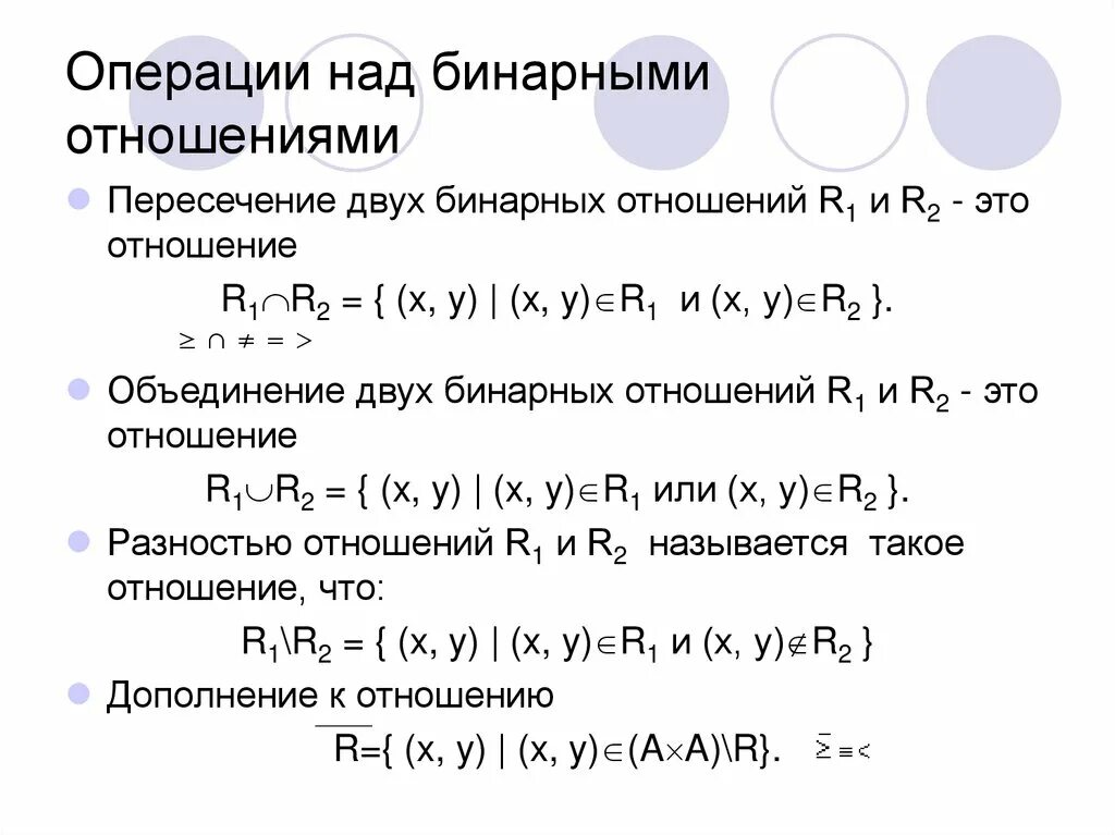 Операции над бинарными отношениями. Дополнение бинарного отношения. Бинарные отношения операции. Объединение бинарных отношений.