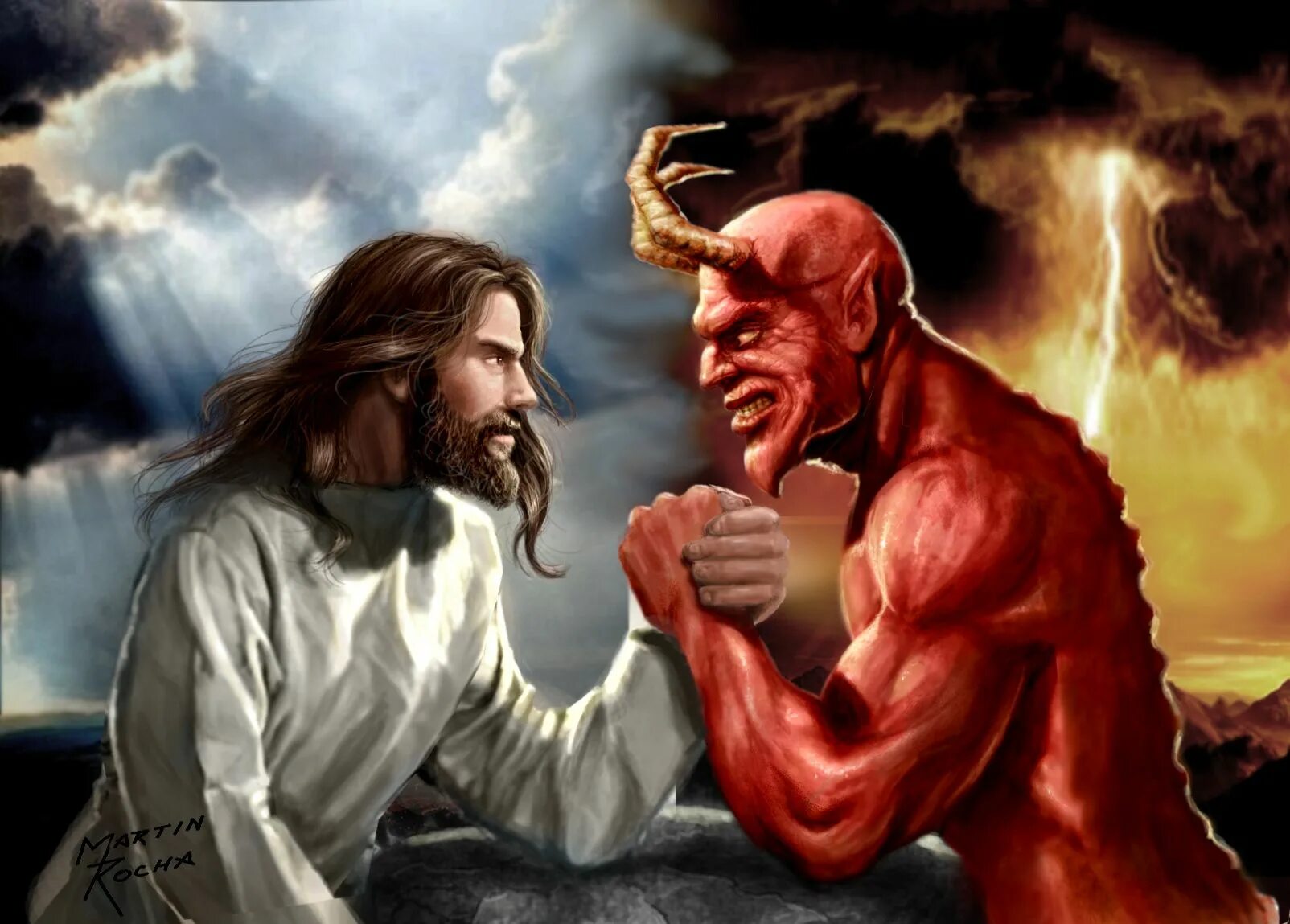 Бог регрессировавший на 2 45. Дьявол Люцифер против Иисуса Христа. Грег Олсен картины Иисус. Бог и дьявол. Борьба добра и зла.