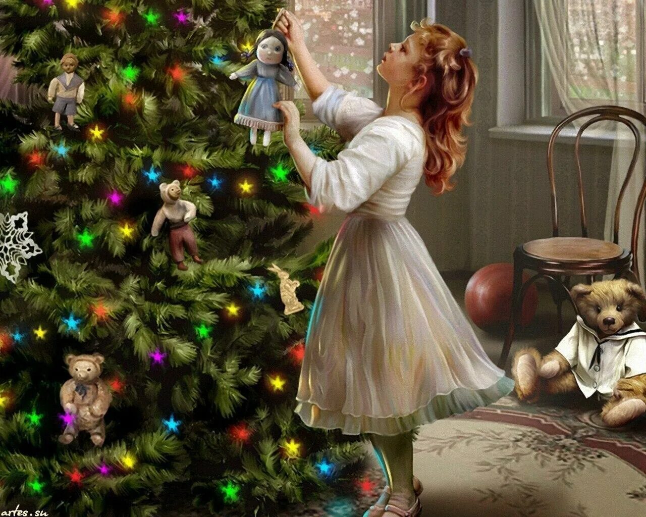 Новый год назад в прошлое. Новогоднее чудо. Девочка наряжает елку. Дети наряжают елку. Девочка у елки.