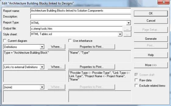 Rational System Architect. Generate report