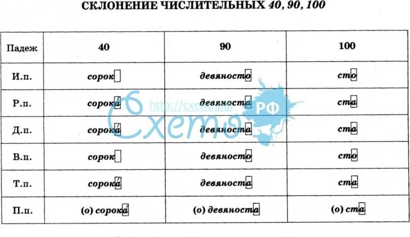 Склонение числительных сорок девяносто СТО таблица. У числительных 40 90 100 две формы таблица. Склонение числительных 90 по падежам таблица. Числительные 40 90 100 склонения таблица. Просклонять слово 90