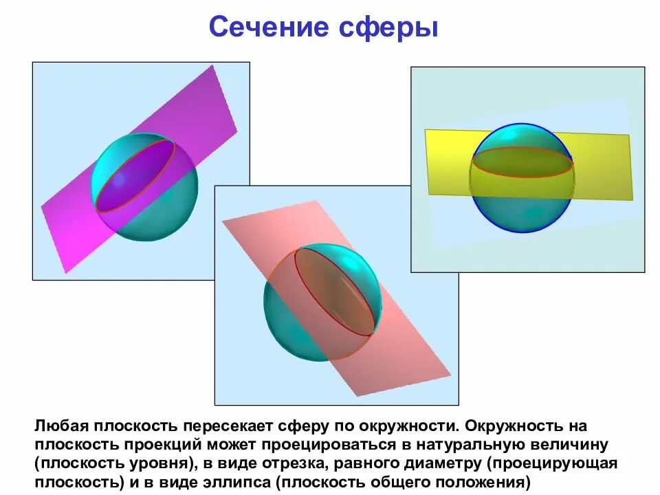 Секущая плоскость в шаре. Сечение сферы и шара плоскостью. Плоские сечения сферы. Любое сечение сферы плоскостью является окружностью.. Сферические сечения.