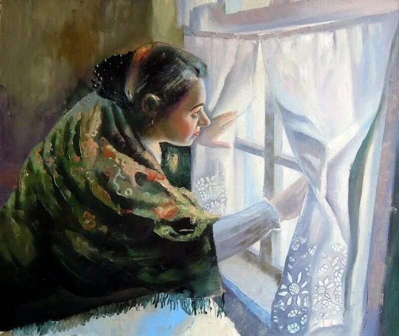 Женщина у окна живопись. Женщина у окна картина. Женщина у зимнего окна.