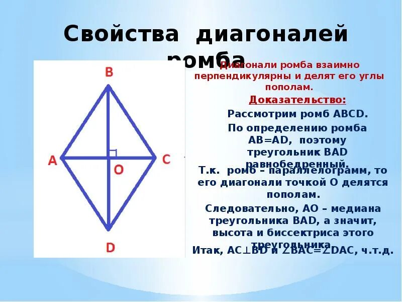 Диагонали квадрата являются биссектрисами его углов. Диагонали ромба взаимно перпендикулярны. Свойства диагоналей ромба. Теорема о диагоналях ромба. Диагонали ромба взаимно перпендикулярны доказательство.