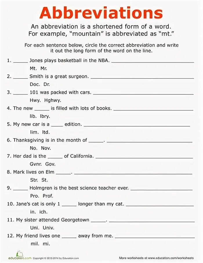 Write the short forms. Abbreviations Worksheets. Shortened Words and abbreviations. Abbreviations in English Worksheets. Abbreviations exercises.