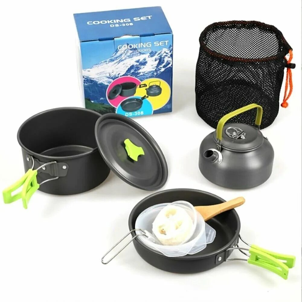 DS-308 набор посуды. Cooking Set DS-308. Набор походный с чайником. Посуда для путешествий.