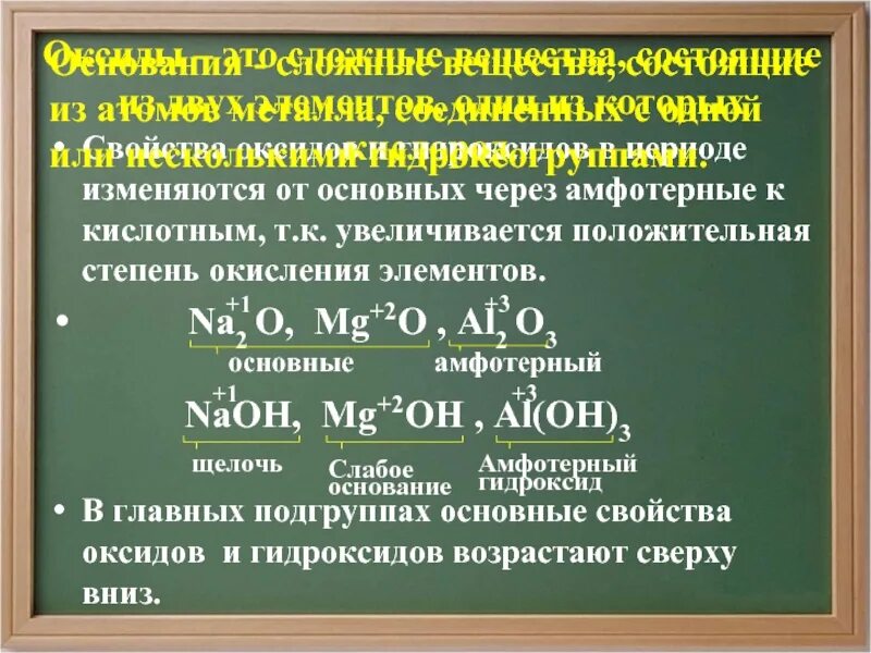 От кислотных к основным меняются свойства оксидов. Металлы амфотерные основные и кислотные. Свойства оксидов и гидроксидов. Основные амфотерные и кислотные свойства. Степени окисления основных амфотерных кислотных оксидов.