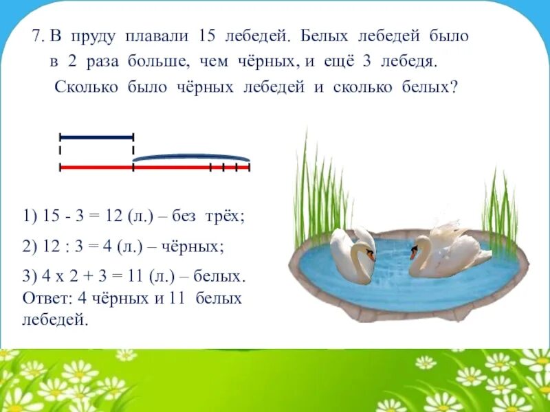 На двух озерах было поровну. Задача на пруду плавали утки. Пруд решение задачи. Плавать в пруду. Водоемы задания.