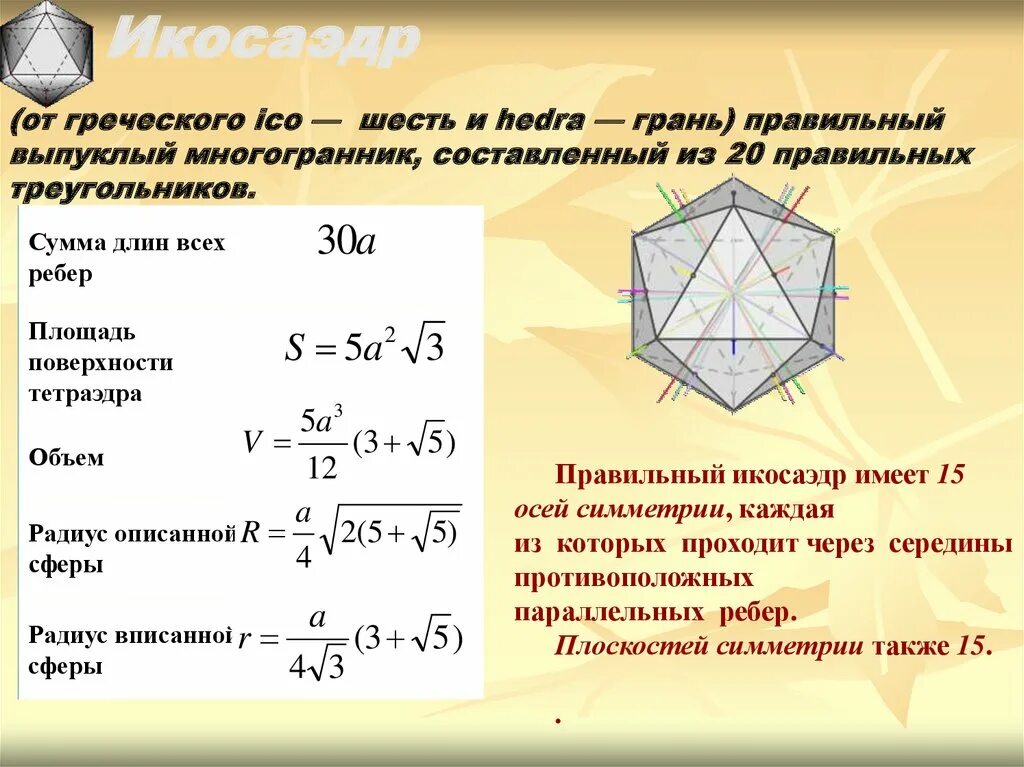 Правильный октаэдр площадь. Площадь поверхности икосаэдра. Площадь полной поверхности икосаэдра формула. Площадь поверхности правильного икосаэдра. Формула площади правильного икосаэдра.