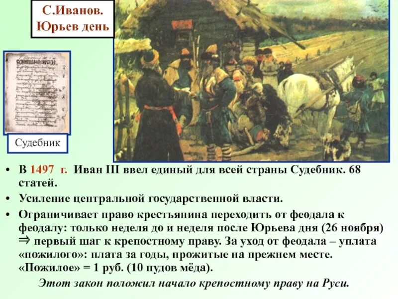 Запрещали переход в юрьев день. Юрьев день картина. введение пожилого и юрьева дня.