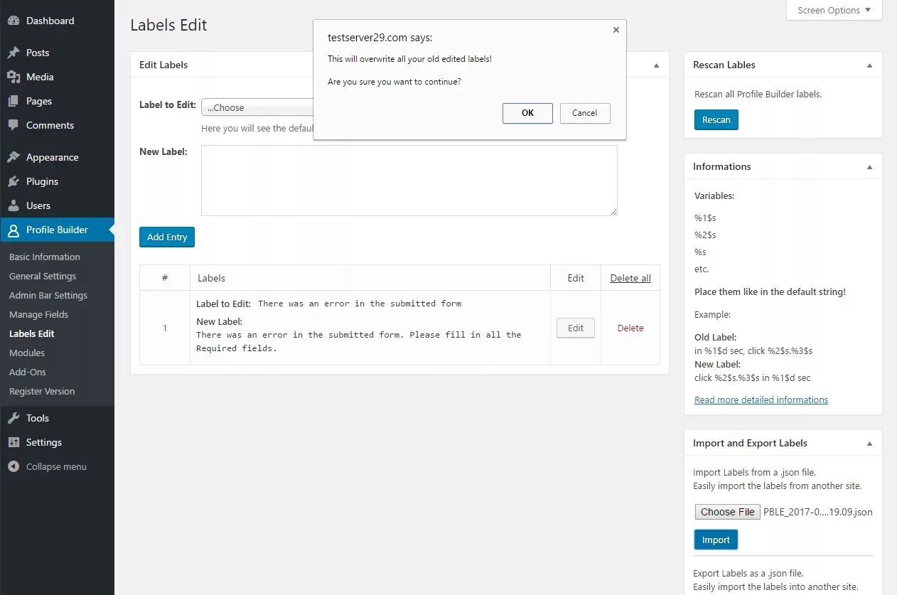 Profile Builder Pro. Profile Builder Pro 3.8.8. WORDPRESS плагин Label icon. Import json. Label click