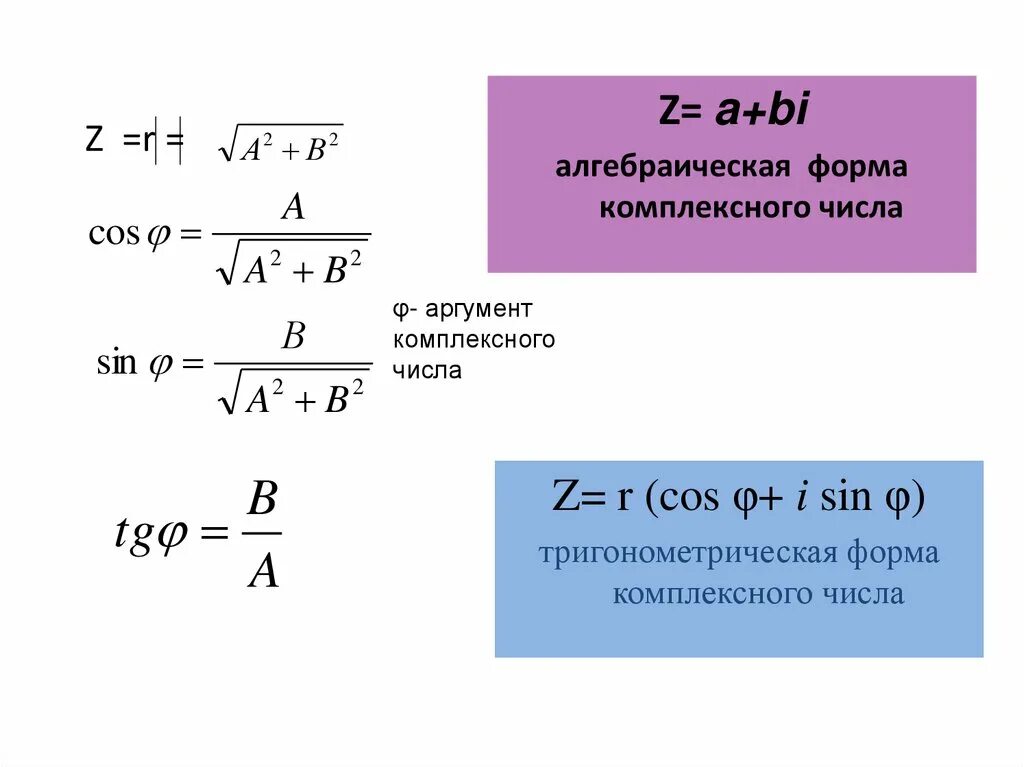 Cos z комплексные числа. Алгебраическая форма комплексного числа. Аргумент комплексного числа. Тригонометрическая форма комплексного числа.