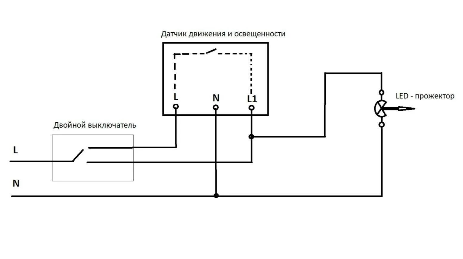 Как подключить прожектор на улицу. Схема подключения датчика движения к прожектору. схема подключения светодиодных прожекторов 220в. схема подключения прожектора светодиодного sp4812-38g. схема подключения прожектора светодиодного через датчик движения.