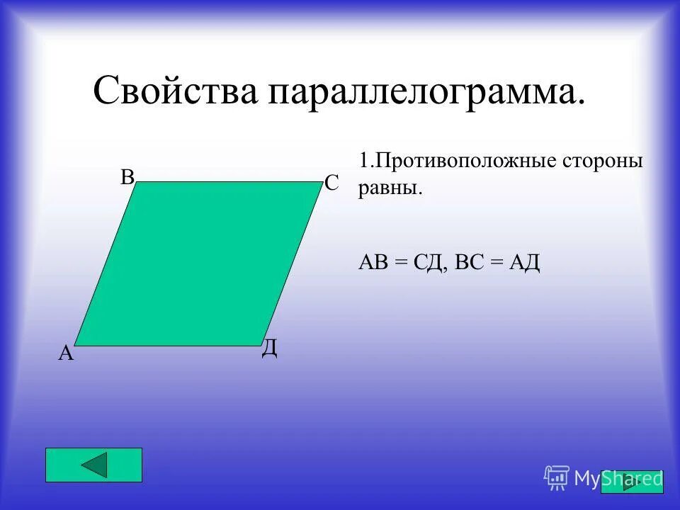 Параллелограмм. Противолежащие стороны параллелограмма равны. Прямоугольный параллелограмм. Гипотенуза параллелограмма.