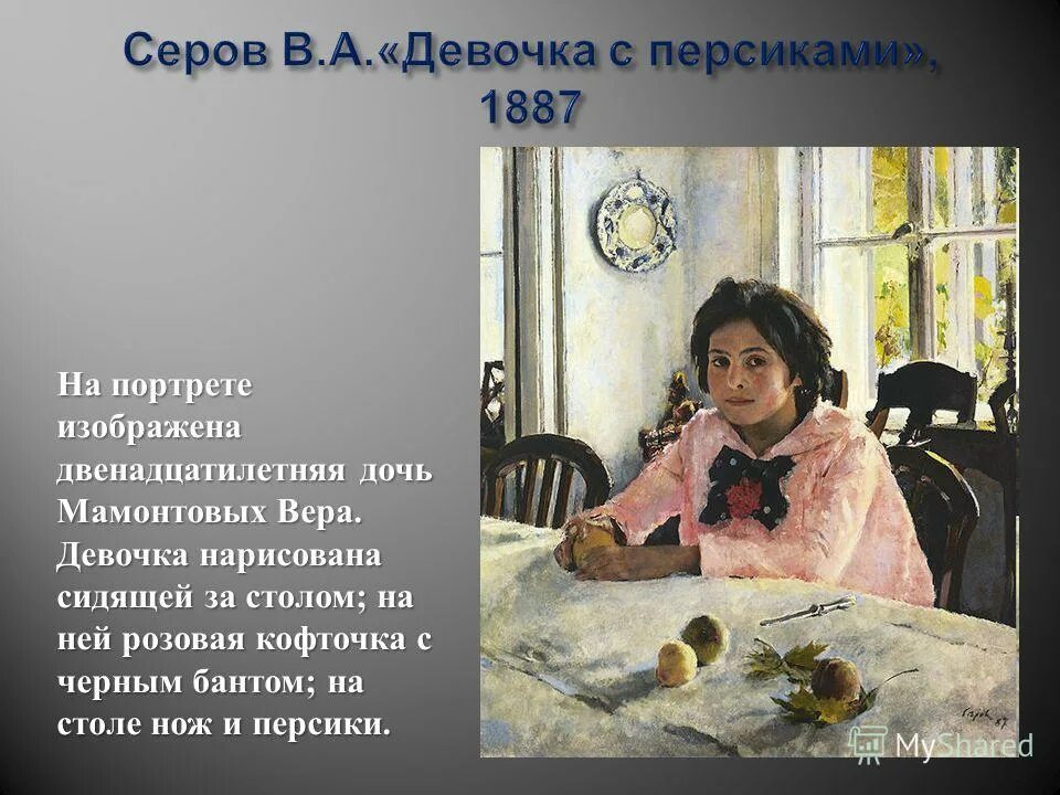 Серов девочка с персиками. Девочка с персиками (портрет в. с. Мамонтовой). 1887. Девочка с персиками Серов передвижники.