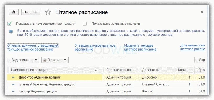 Внести изменения в штатное расписание в 1с