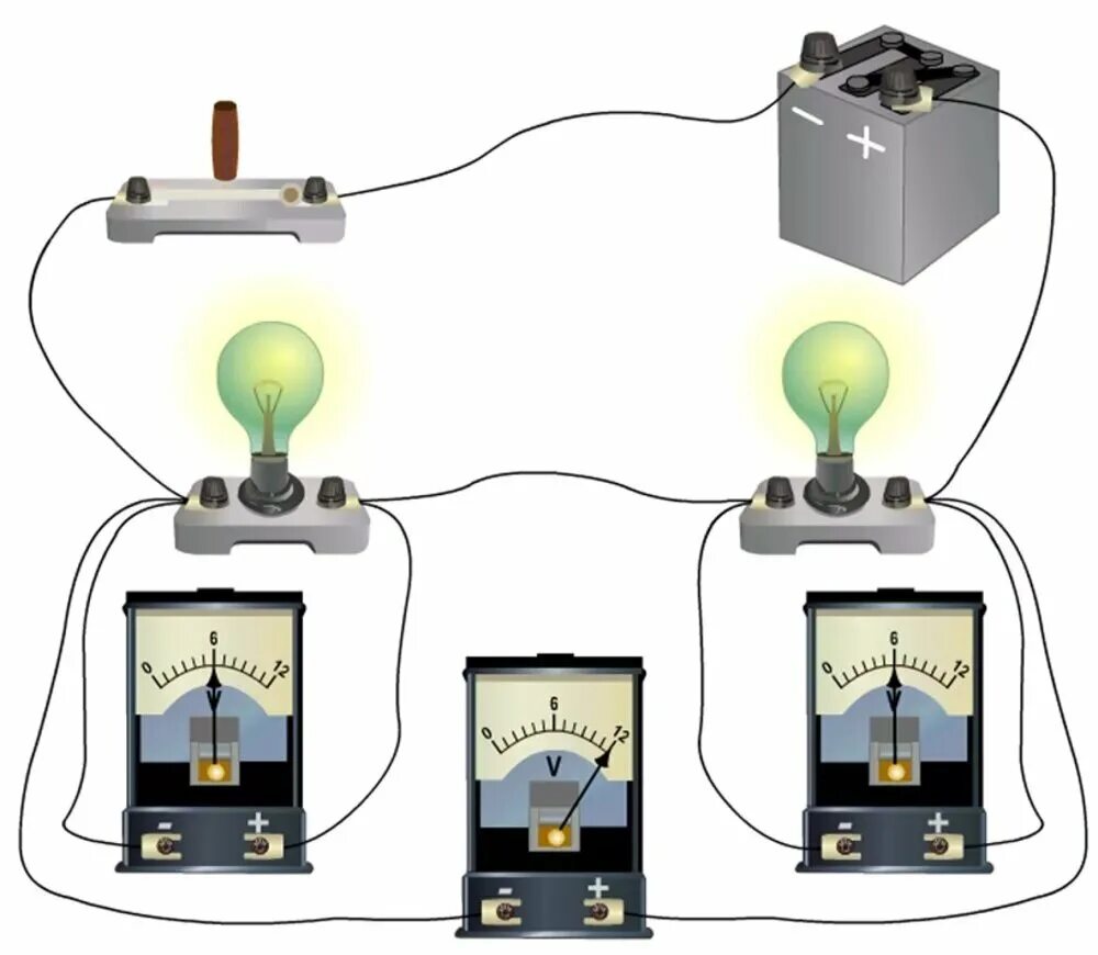 Урок 23 физика. Электрическая цепь с двумя лампочками. Электрическая цепь по физике. Электрическая цепь с батарейкой и амперметром. Прибор для опытов с электрическим током.