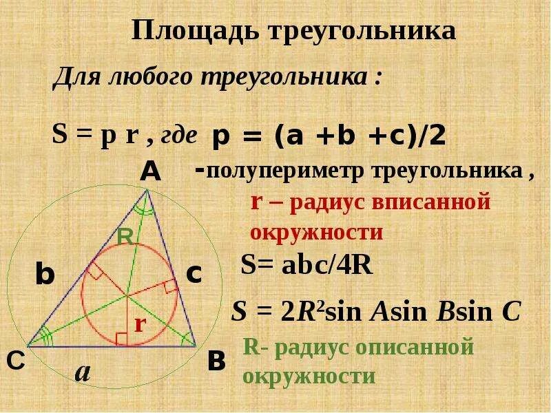 Площадь треугольника через полупериметр. Площадь треугольника через вписанную и описанную окружность. Формула площади треугольника через окружность. Площадь треугольника через радиус вписанной и описанной окружности.