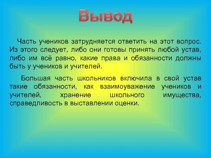 Вопрос устав это. Из этого следует вывод. затрудняюсь ответить на этот вопрос. затруднялись отвечать на вопросы.