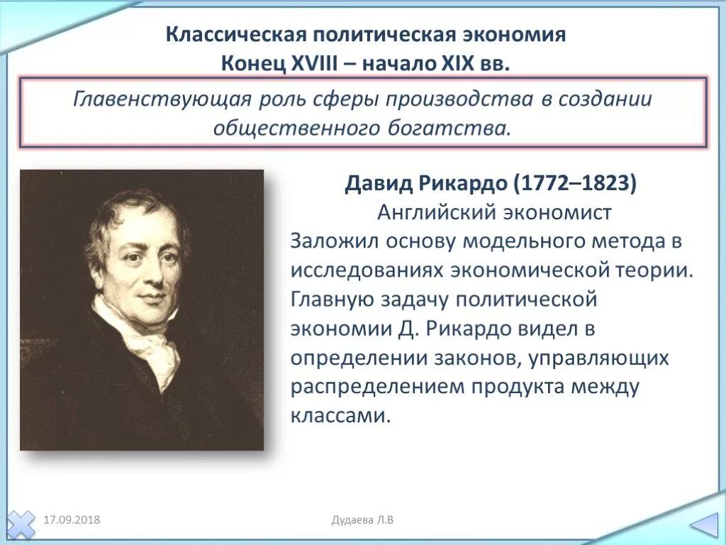 Представитель классической теории. Школа классической политической экономии Рикардо.