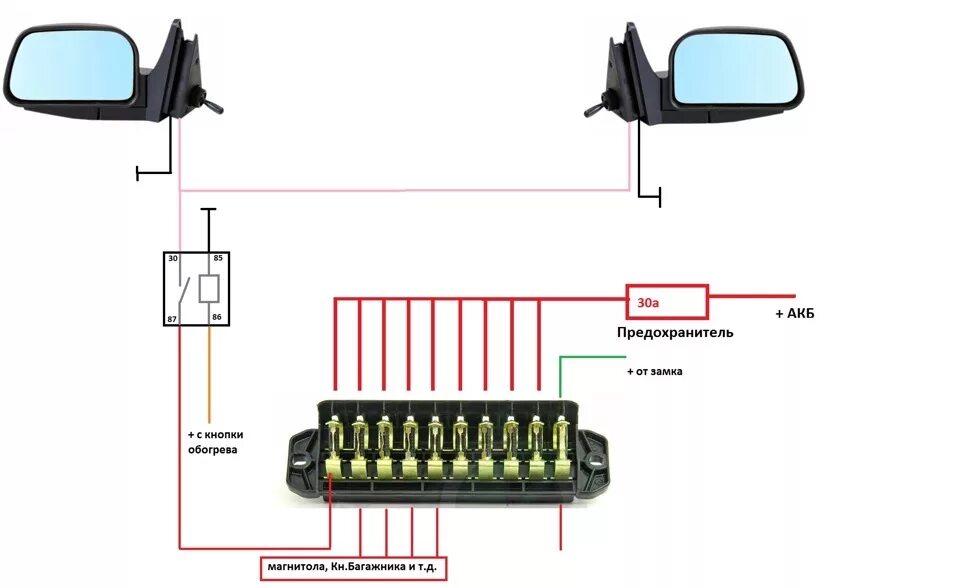 Схема подключения обогрева зеркал на Ниве. Схема подключения зеркал с подогревом Нива 21214. Схема подключения обогрева зеркал ВАЗ 2107. Схема подключения обогрева зеркал Нива 21214. Как подключить зеркала с поворотниками