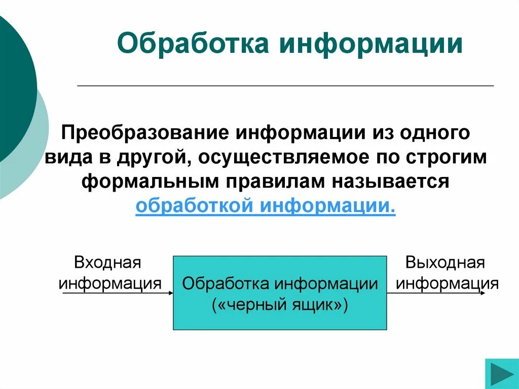 Обработка информации выбранным методом. Преобразование информации. Преобразование информации на основе формальных правил. Процесс преобразования информации.