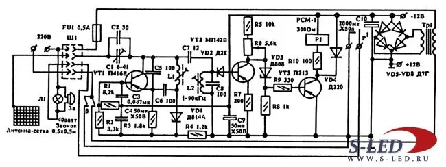 Емкостное реле схема монтажная плата 1970 год LED-подсветку включает ёмкостное реле PRACTICAL ELECTRONICS Пульс
