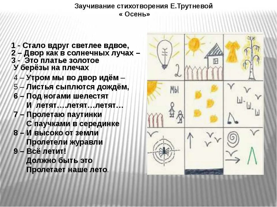 Нод заучивание стихотворения. Заучивание стихотворения е Трутневой осень мнемотаблица. Заучивание стихотворения осень Трутнева. Стихотворение Трутневой осень. Мнемотаблицы стихотворения.