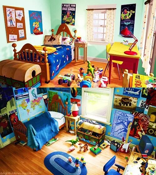 Bedroom toys. Toy story комната Энди. Комната с игрушками. Комната из истории игрушек. Комната в стиле история игрушек.