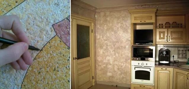 Жидкие обои на кухне + фото