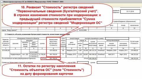 Заполнение инвентарной карточки