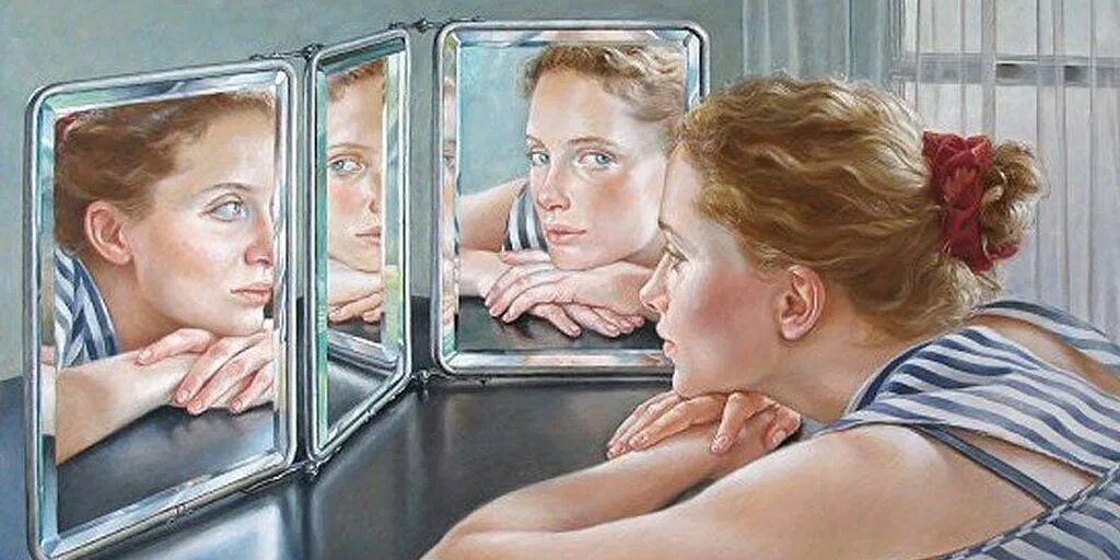 Данного другого с возрастом. Разговор перед зеркалом. Женщина смотрится в зеркало. Взгляд в зеркало. Женщина в зеркале картина.