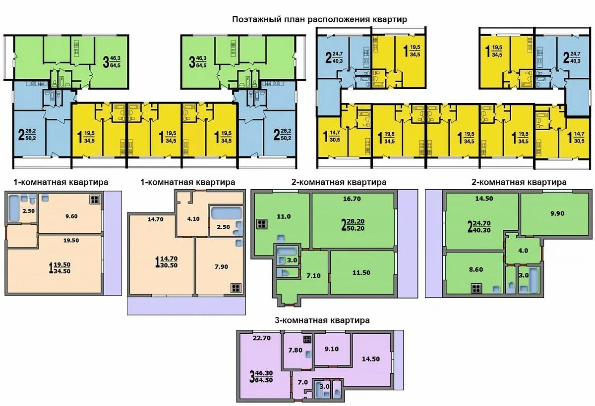 Планировка квартир II-68 С размерами. Планировки квартир II-68-01/16 С размерами.