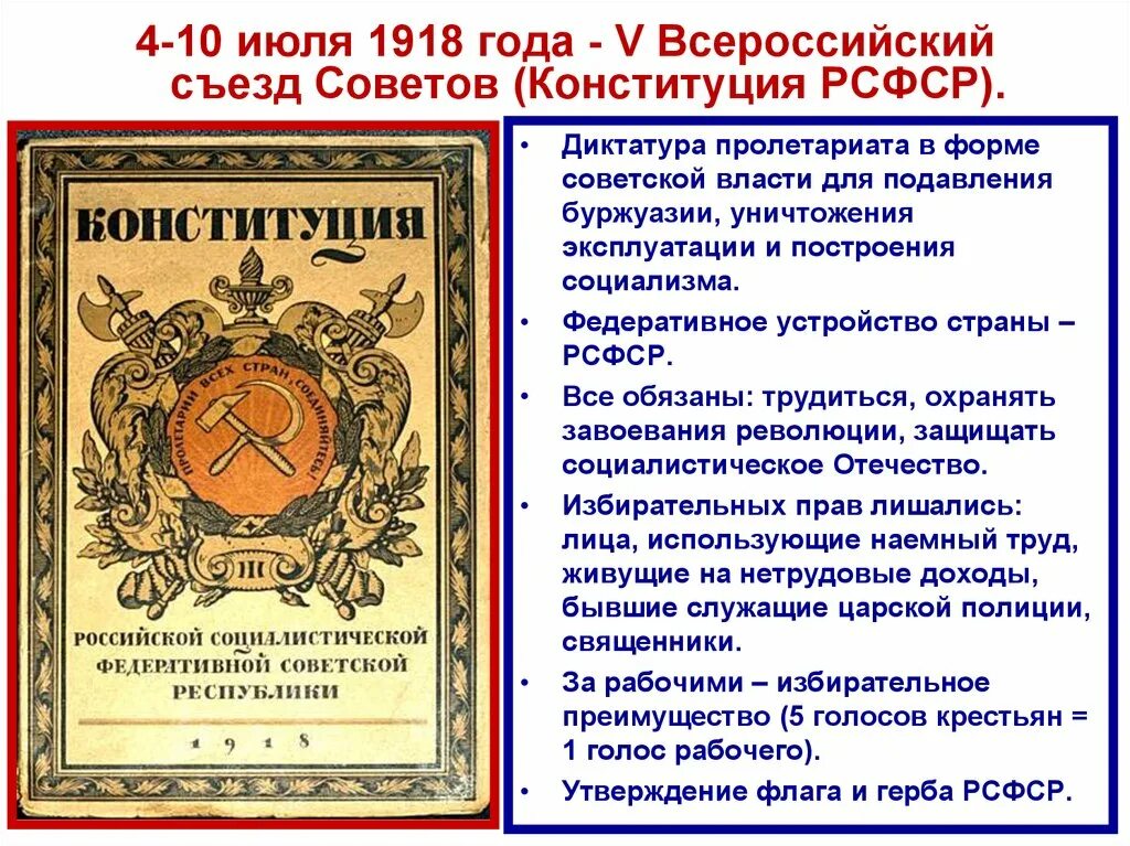 Конституция рсфср была принята в каком году. Конституция РСФСР 1918 диктатура пролетариата. Принятие первой Конституции РСФСР 1918. Конституция РСФСР 10 июля 1918. Первая Конституция России 1918 форма.