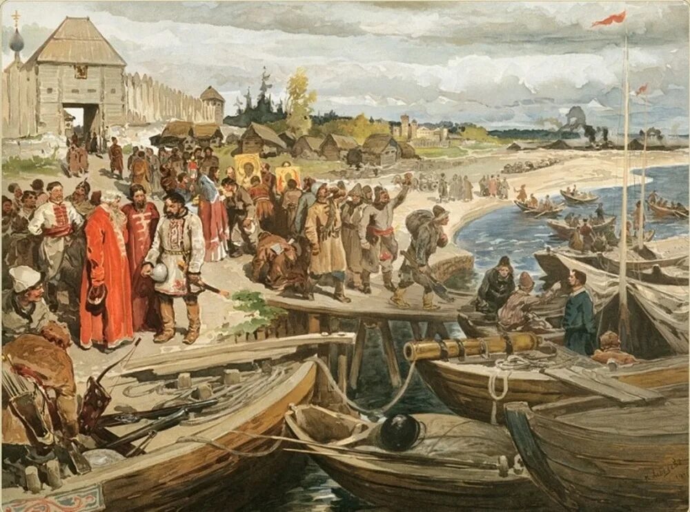 «Поход Ермака» (1907 г.) Лебедев. Поход Ермака. Художник к. Лебедев. 1907 Г..