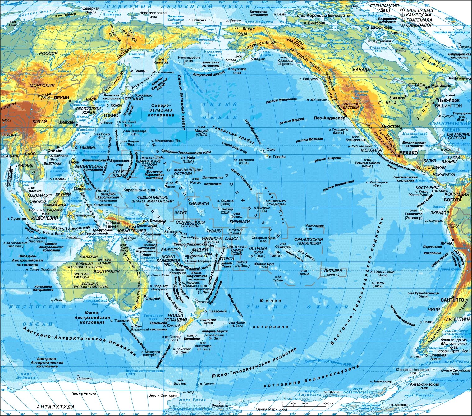 Карта Тихого океана с морями заливами и проливами. Физическая карта Тихого океана. Тихий океан на карте. Карта Тихого океана с островами на русском.
