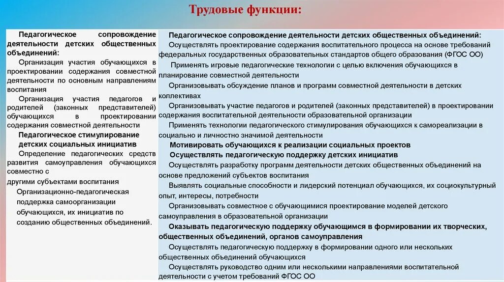 Функции социально-педагогического сопровождения. Трудовые функции педагога. Функции детского общественного объединения. Организационная функция педагогической деятельности.