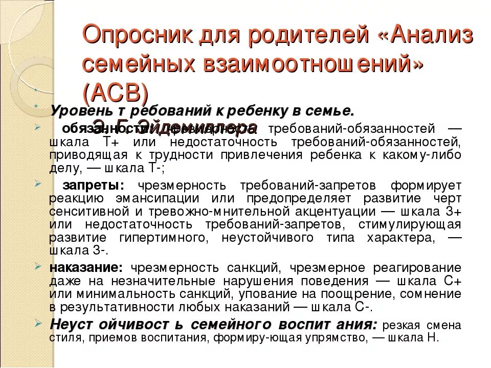 Опросник асв э эйдемиллер. Методика «анализ семейных взаимоотношений». опросник для родителей анализ семейных взаимоотношений. анализ семейного воспитания. опросник для родителей.